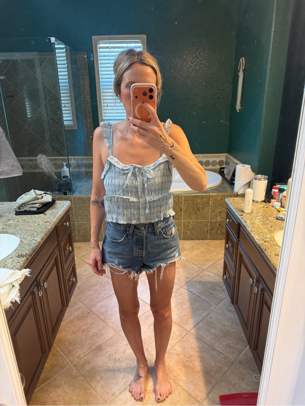 American Eagle Outfitters Light Blue Striped Ruffle Tie-Front Crop Cami
